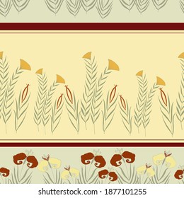 Seamless pattern of stylized flowers and stripes on a sandy and olive background.