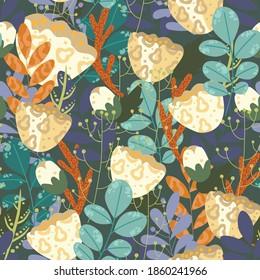 Seamless pattern of stylized flowers and twigs on a dark background. Plant background of abstract flowers, leaves and twigs. Vector illustration drawn by hand