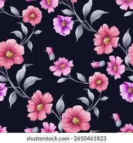 A seamless pattern of stylized flowers. The flowers are various shades of pink and purple, with a light, almost blush-like, center. The petals have a soft, painted quality, giving them a slightly.