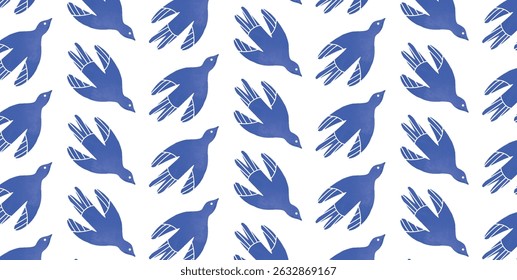 Seamless pattern with stylized flying Birds. Hand drawn marine style. Repeating blue Mediterranean summer motif on white background. Flat vector illustration.