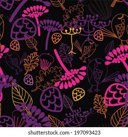 Seamless pattern with stylized forest elements in dark colors. Square format suitable for wallpaper, fabric and wrapping