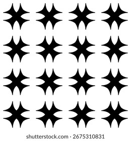 A seamless pattern of stylized four pointed stars in black on a white background. Ideal for textile, web, or graphic design projects.