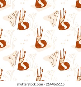 Seamless pattern with stylized fox, bushes and decor elements. 
Print for textiles, wrapping paper, wallpaper.