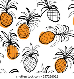 Seamless pattern with stylized fruits, black and white sketched pineapples with color spots.