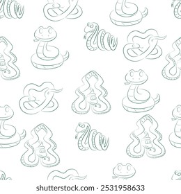 Padrão contínuo de cobras de contorno verde engraçado estilizado em um fundo branco. Vetor.