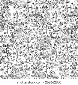 seamless pattern stylized garden with birds