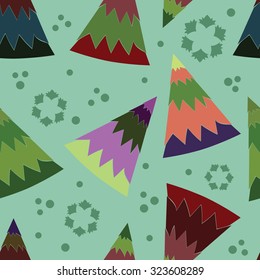 Seamless pattern with stylized geometric  multicolored Christmas Tree and snowflakes. Green background.