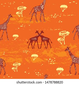 Seamless pattern with stylized Giraffes and ethnic motifs