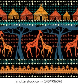 Nahtloses Muster mit stilisierten Giraffen und ethnischen Motiven