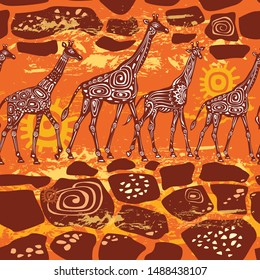 Seamless pattern with stylized Giraffes and ethnic motifs