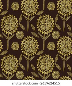 Seamless Pattern With Stylized Gold Floral Motifs And Leaves.