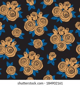 Seamless pattern with stylized gold roses on dark background