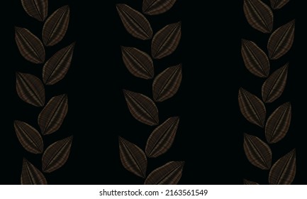 Seamless pattern of stylized golden leaves arranged in vertical stripes on a dark background. Plant pattern