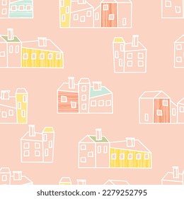 Seamless pattern of stylized graphic houses.Pastel blue,pink and yellow color.Buildings with windows, roofs and chimneys.Cute background or texture for printing on fabric and paper.Vector  wallpaper.