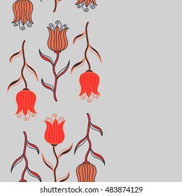 Seamless pattern of stylized gray, red and orange tulips.