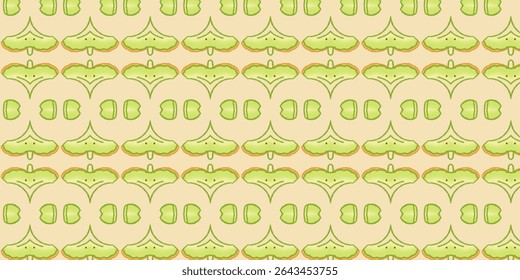 Seamless pattern of stylized green ginkgo leaves and seed motifs on a soft beige background. Ideal for fabric, wallpaper, or botanical-themed art. Ginkgo, Pattern, Botanical, Seamless, Design.