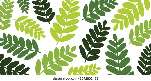 Seamless pattern of stylized green leaves on a white background, perfect for nature-themed designs