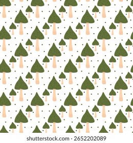 Padrão contínuo com cogumelos e fungos verdes estilizados.

