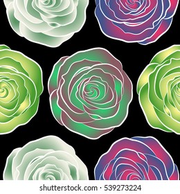 Seamless pattern of stylized green, pink and yellow roses.
