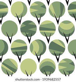 Seamless pattern with stylized green trees on white background
