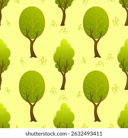 Seamless pattern with stylized green trees featuring oval and rounded foliage on light yellow background. Flat cartoon forest illustration. Nature concept. Design for wallpaper, textile, print and pos