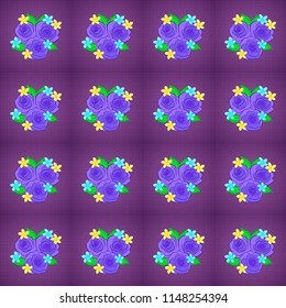 Seamless pattern of stylized green, violet and purple roses with green leaves.