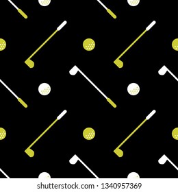 Seamless pattern of stylized green and white golf club and golf ball. 