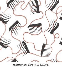 Seamless pattern with stylized hair comb and curly thread.