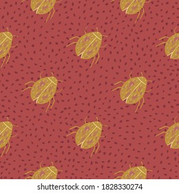 Seamless pattern with stylized hand drawn bugs silhouettes. Ocher insect ornament on maroon dotted background. Perfect for wallpaper, textile, wrapping paper, fabric print. Vector illustration.