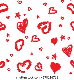 Seamless Pattern with Stylized hand-drawn Hearts. St. Valentine's Day or Weddings Design Element. Doodle Sketch Childlike Style. Vector background.