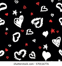 Seamless Pattern with Stylized hand-drawn Hearts. St. Valentine's Day or Weddings Design Element. Doodle Sketch Childlike Style. Vector background. Black, White, Red