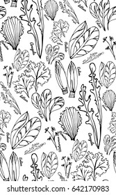 Seamless pattern with the stylized hand-drawn leaves can be used as background, fabric print, texture, wrapping paper, web page backdrop, wallpaper. Vector illustration.