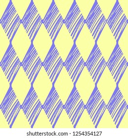 A seamless pattern of stylized hand-drawn purple rhombuses with brushstrokes on a bright yellow background. Vector illustration.
