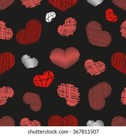 Seamless Pattern with Stylized hand-drawn Scribble Hearts. St. Valentine's Day or Weddings Design Element. Doodle Sketch Childlike Style. Vector background.