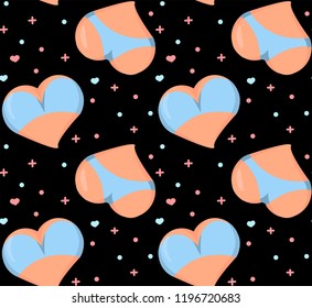 Seamless pattern with Stylized Heart icons with underwear, ass in bikini and boobs in bra. Good for Valentine’s Day/love greeting card, poster, banner, logo, icon for lingerie shop or sex shop