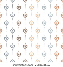 seamless pattern with stylized hearts hanging from a row of small dots. Background with elements in alternating shades of pastel colors. Delicate simple bohemian backdrop for textile, linen, shirts