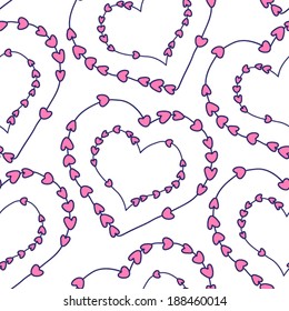 Seamless pattern of stylized hearts on threads in the shape of heart