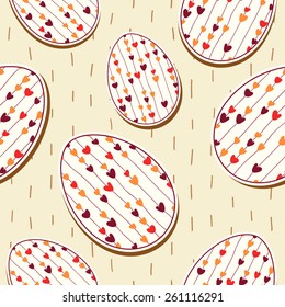 Seamless pattern of stylized hearts on threads in an Easter eggs