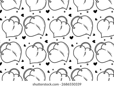 Patrón sin fisuras de hojas estilizadas en forma de corazón con subgrupos y corazones Pequeños esparcidos sobre un fondo blanco.