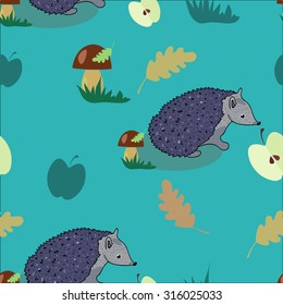 Seamless pattern with stylized hedgehogs, mushrooms, apples, oak leaves and grass. Blue background.