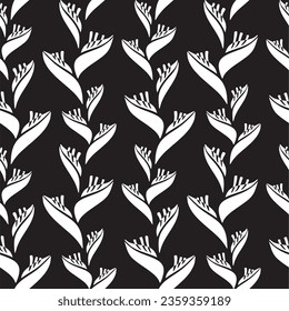 Seamless pattern with stylized heliconia flowers in black and white. Vector illustration. 