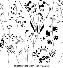 Seamless pattern with stylized herbs and plants.  Black and white silhouette. Endless texture for your design, romantic greeting cards, announcements, fabrics.