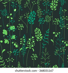 Seamless pattern with stylized herbs and plants.Dark green silhouette. Endless texture for your design, romantic greeting cards, announcements, fabrics.