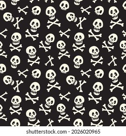 Seamless pattern with stylized human skulls and bones on black background. Vector illustration, pattern swatch included.