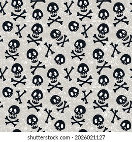 Seamless pattern with stylized human skulls and bones on grunge background. Vector illustration, pattern swatch included.