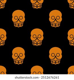 Seamless pattern with stylized human skulls. Halloween design. Aztec symbol of death. Orange silhouettes on black background.