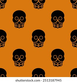 Seamless pattern with stylized human skulls. Halloween design. Aztec symbol of death. Black silhouettes on orange background.