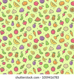 Seamless pattern with stylized icons of vegetables, mushrooms and avocado