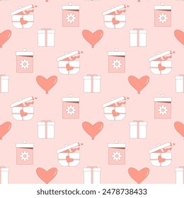 Seamless pattern with stylized illustrations of gift boxes, hearts and flowers in shades of pink and red. holiday and date repeat background. Vector hand drawn illustration.