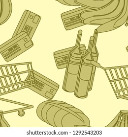 Seamless pattern with stylized images of various products and accessories of the buyer. Shopping cart, loaf of bread, bananas, alcohol, credit card. Vector illustration